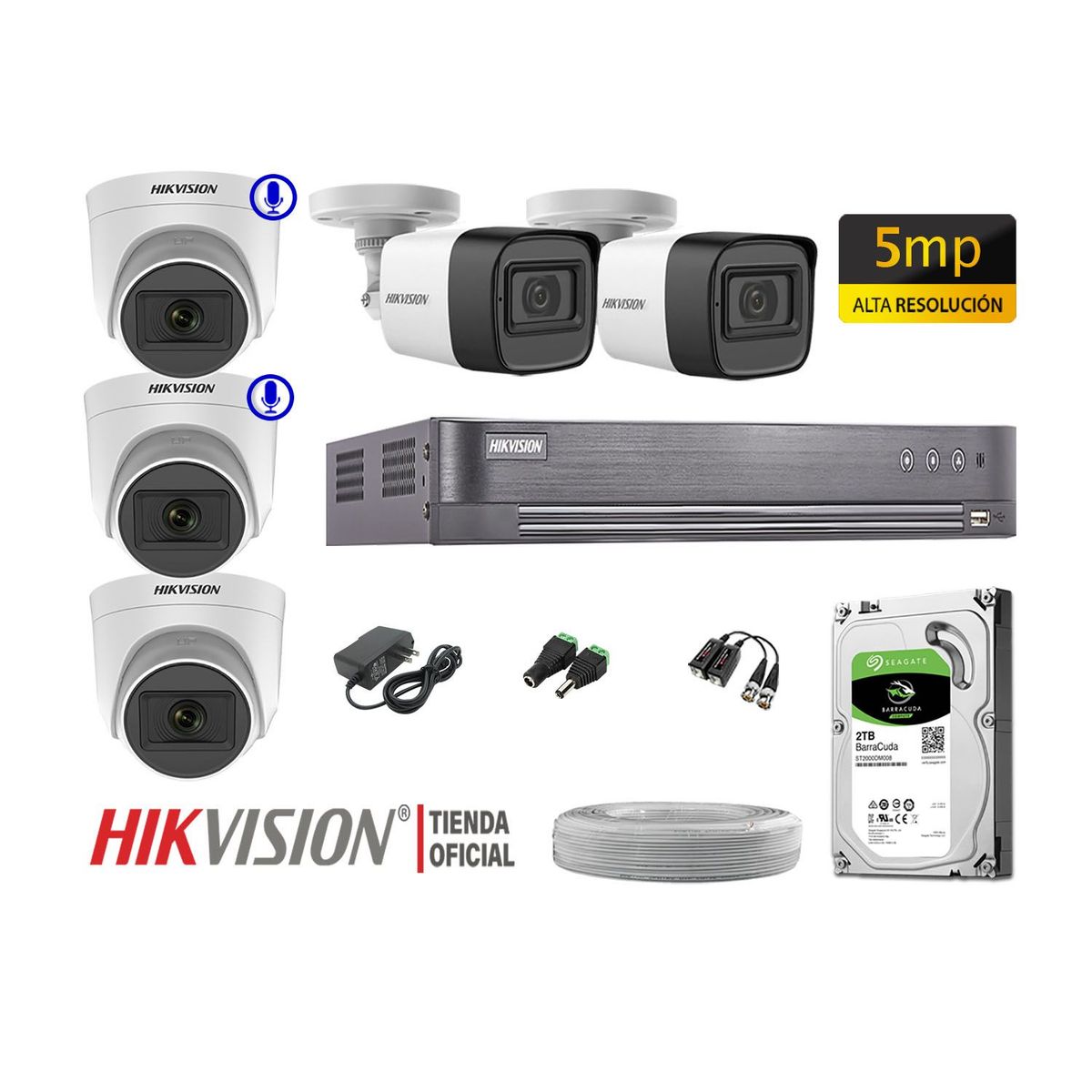 HIKVISION - Kit 5 Cámaras Seguridad 5Mp 02 Camaras Audio Incorporado Completo