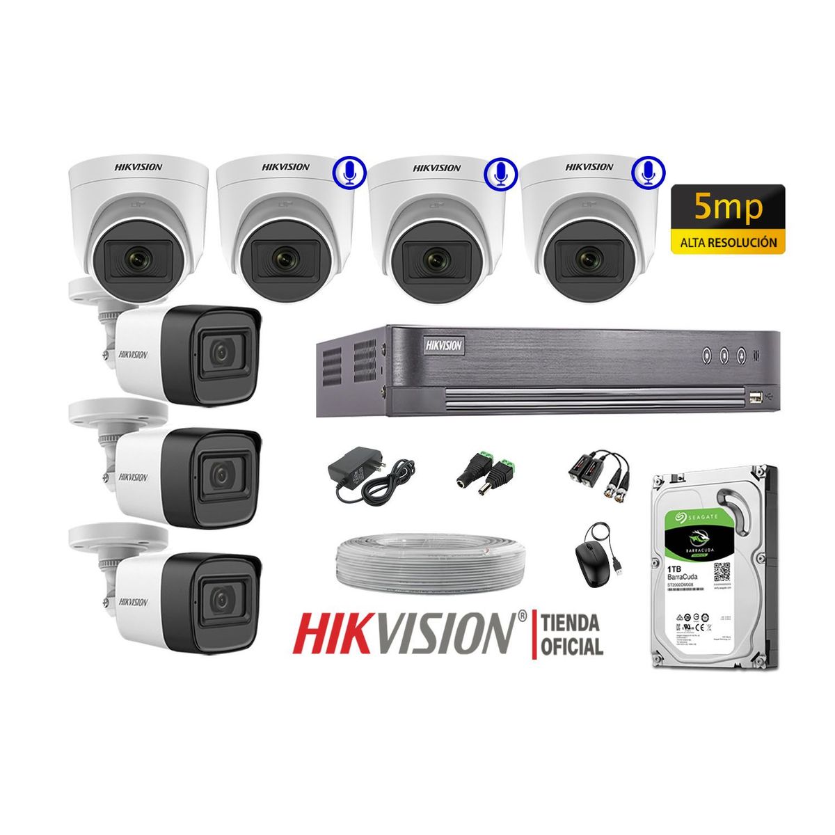 Hikvision - Kit 7 Cámaras Seguridad 5Mp 03 Camaras Audio Incorporado P2P