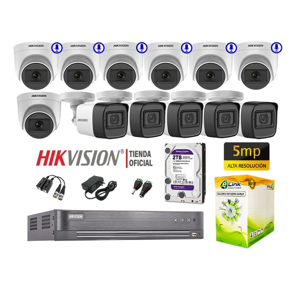 HIKVISION - Kit 12 Cámaras Seguridad 5Mp 06 Camaras Audio Incorporado