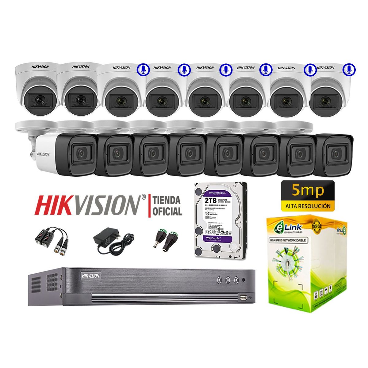 HIKVISION - Kit 16 Cámaras Seguridad 5Mp 06 Camaras Audio Incorporado