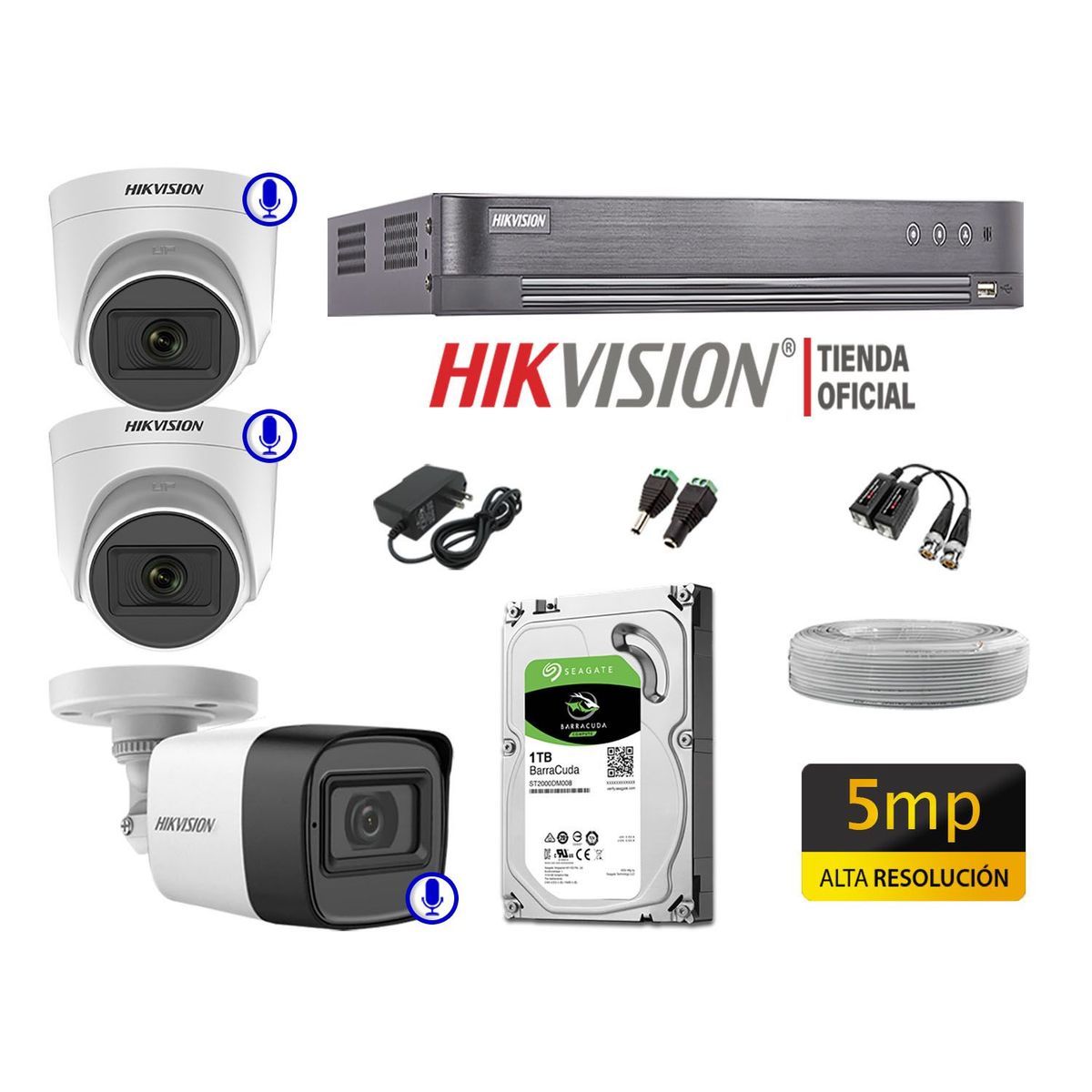 HIKVISION - Kit 3 Cámaras Seguridad Audio Incorporado 5Mp Completo P2P
