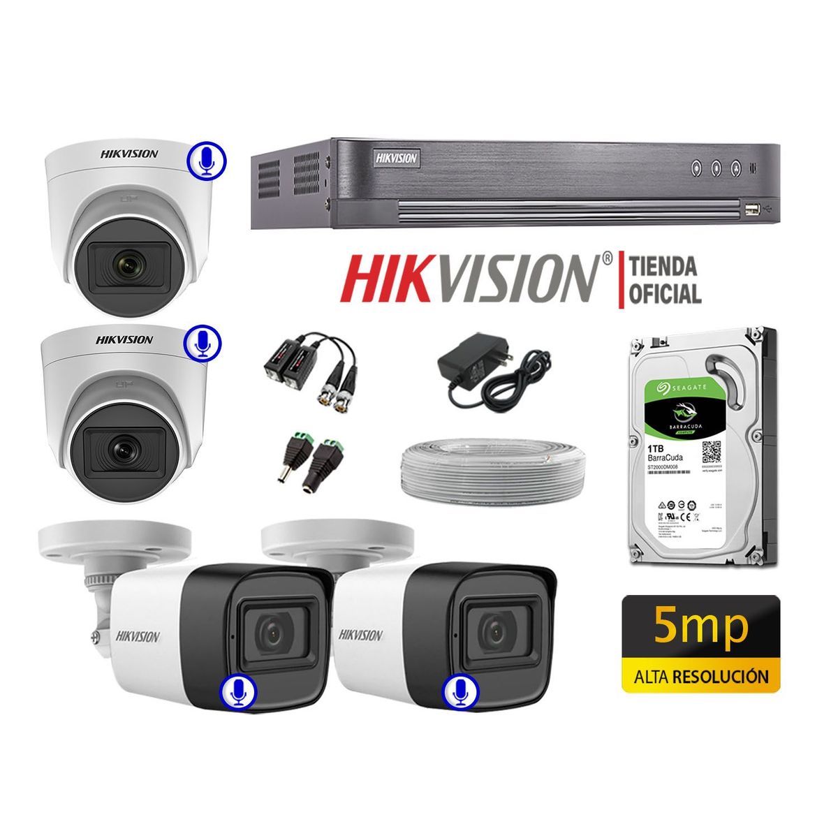 HIKVISION - Cámaras Seguridad Kit 4 Audio Incorporado 5Mp Completo