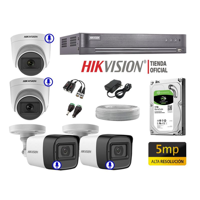 HIKVISION - Cámaras Seguridad Kit 4 Audio Incorporado 5Mp Completo