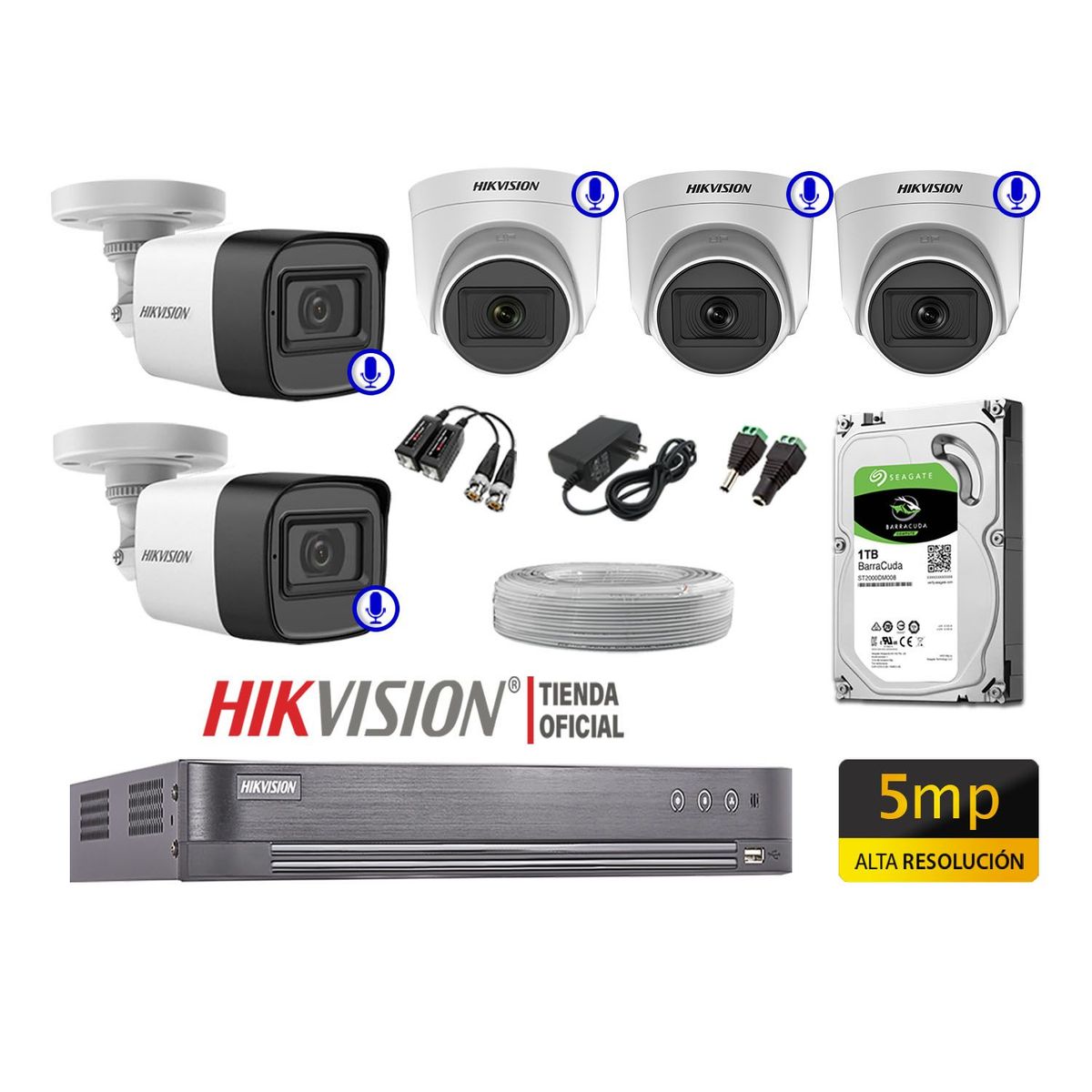 HIKVISION - Kit 5 Cámaras Seguridad Audio Incorporado 5Mp Completo P2P
