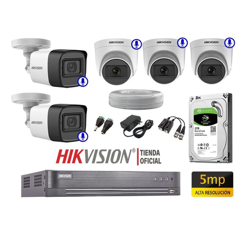 HIKVISION - Cámaras Seguridad Kit 5 Audio Incorporado 5Mp Completo P2P