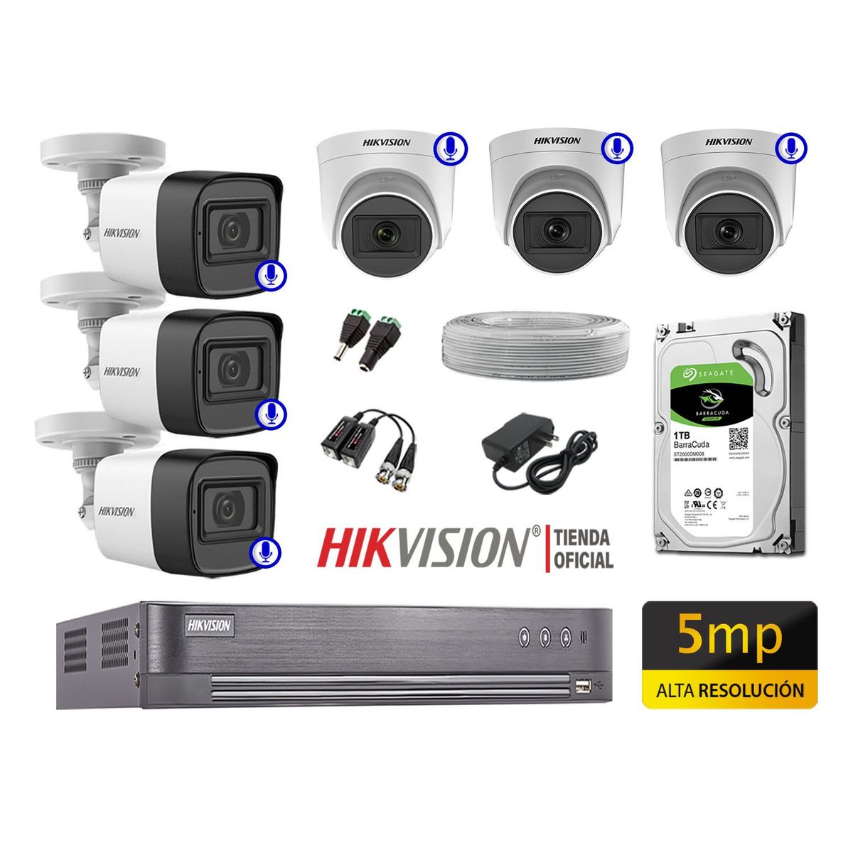 HIKVISION - Cámaras Seguridad Kit 6 Audio Incorporado 5Mp Completo