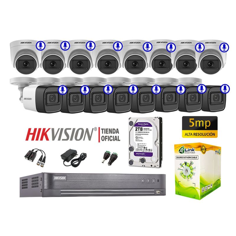 HIKVISION - Cámaras Seguridad Kit 16 Audio Incorporado 5Mp Completo P2P