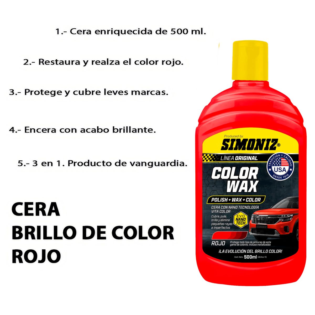 SIMONIZ - Cera Simoniz Liquida 500ml 3en1 Tecnologia EVO NANO Color Rojo