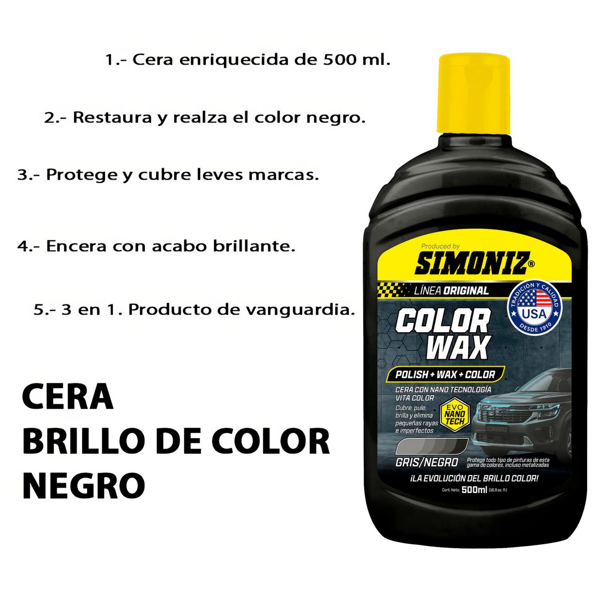 SIMONIZ - Cera Simoniz Liquida 500ml 3en1 Tecnologia EVO NANO Color Negro