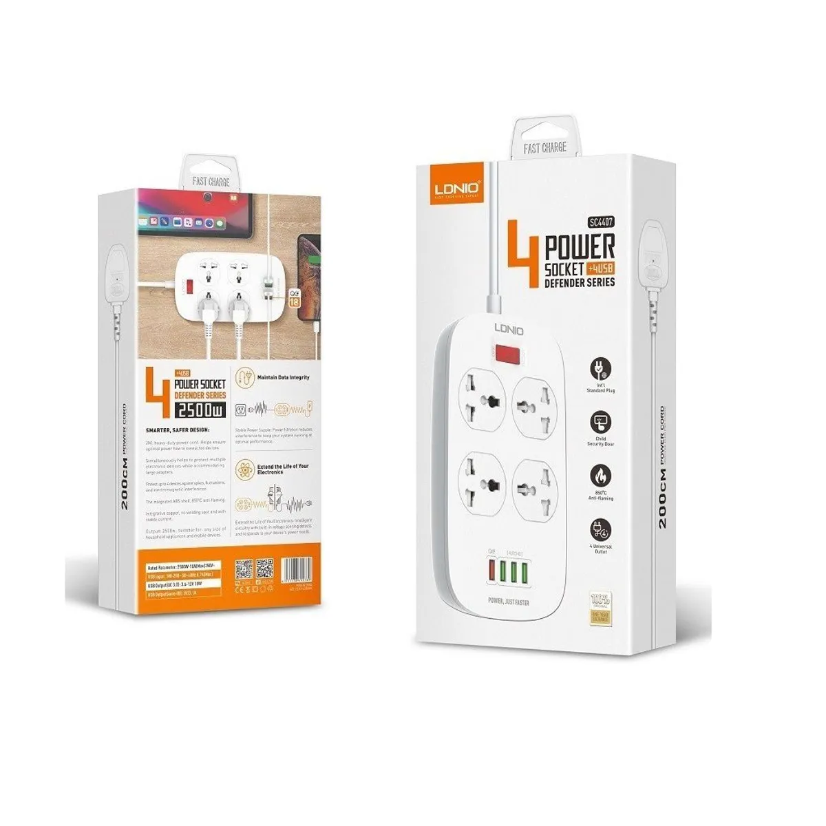 LDNIO - Extensión Toma Corriente Ldnio 4 Power Socket 4 USB SC4407