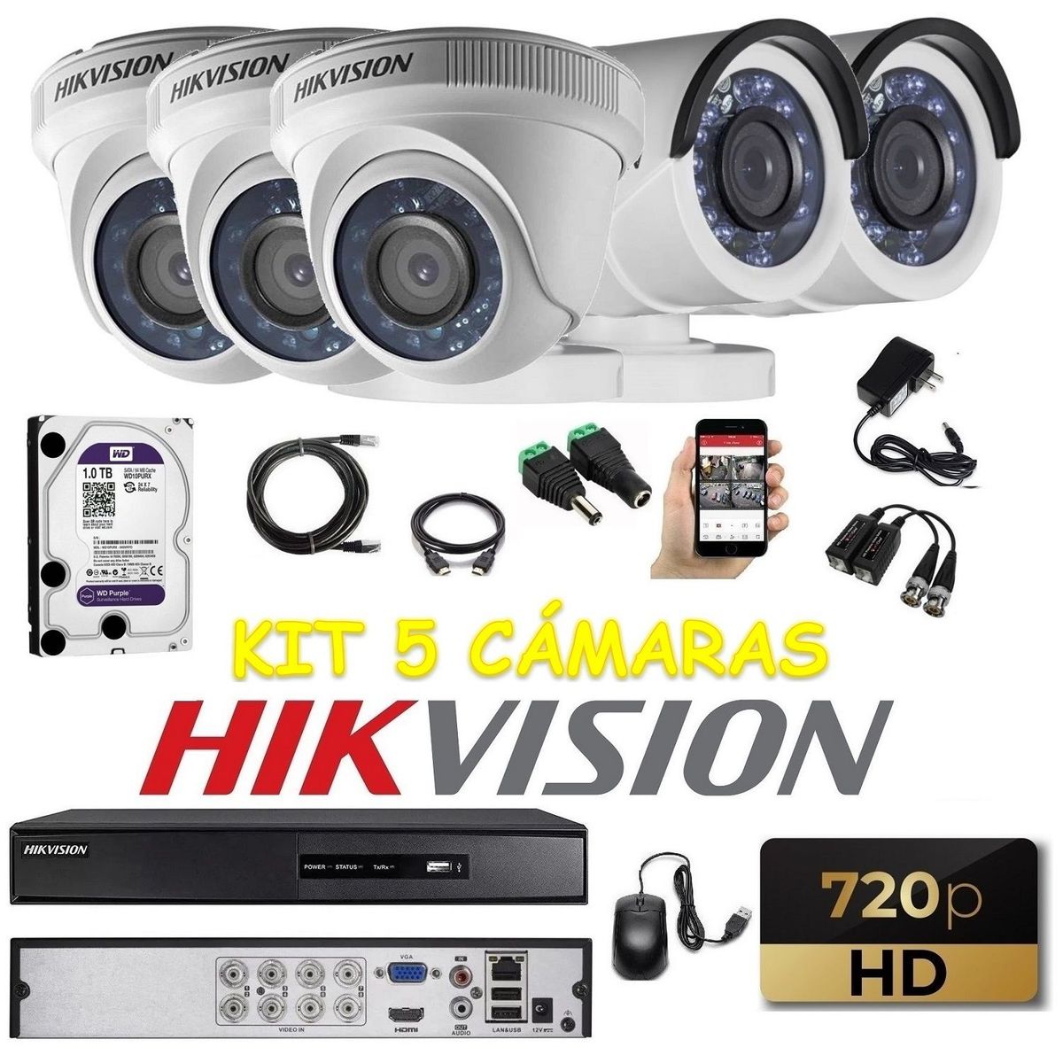 HIKVISION - kit 5 Cámaras Seguridad HD Hikvision 1tb