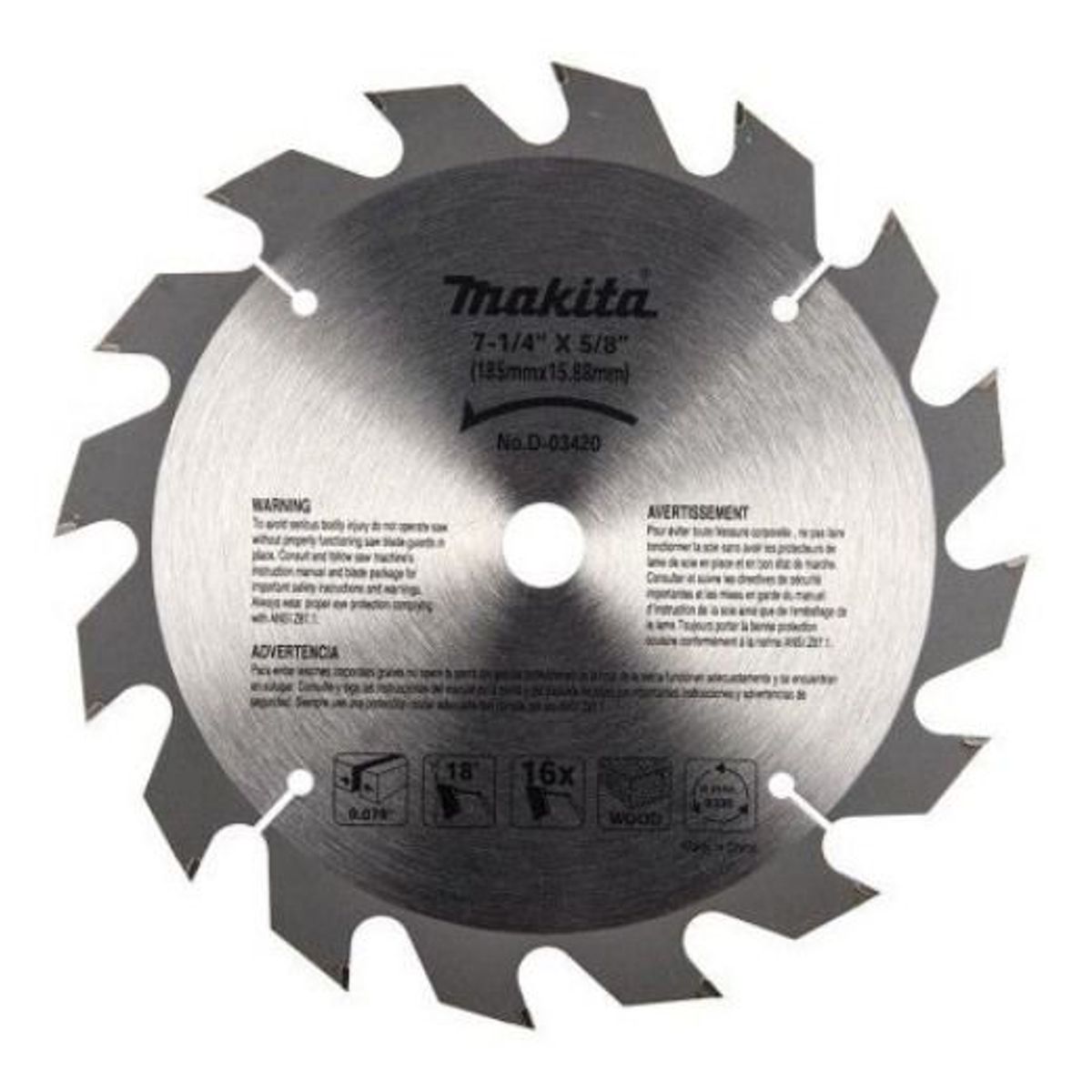 MAKITA - Disco De Sierra para Madera 7.1/4" x 5/8" 16D.  Makita D-03420 - Gris.