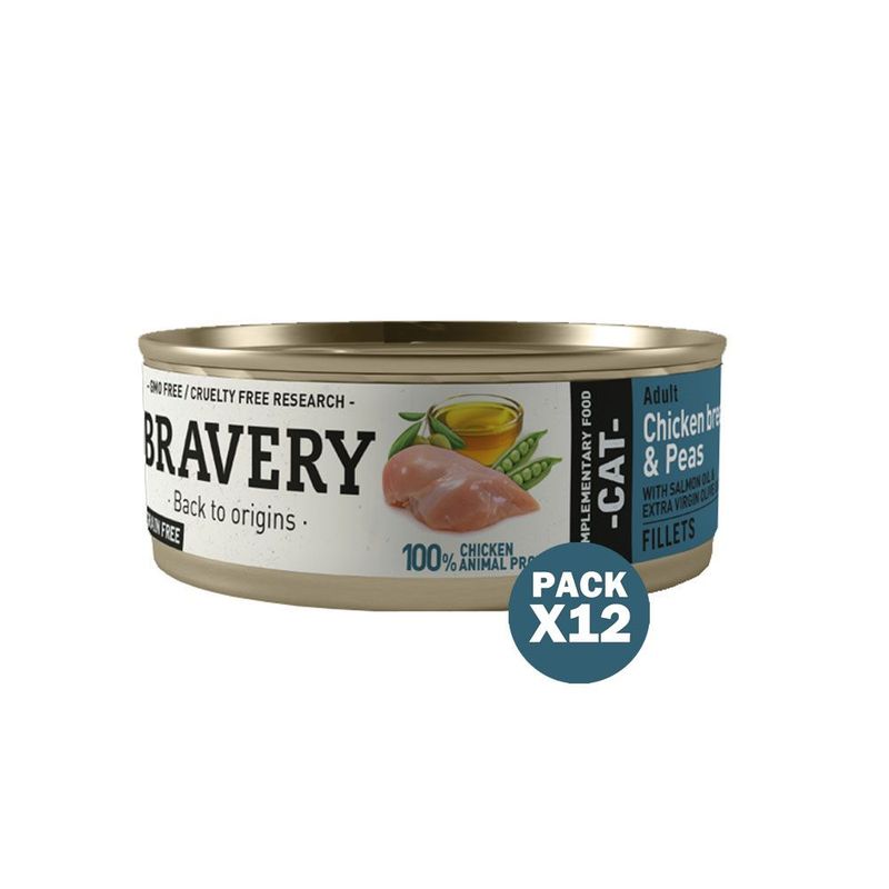 BRAVERY - Bravery Pollo y Guisantes Gatos Adultos Lata 70gr x12und