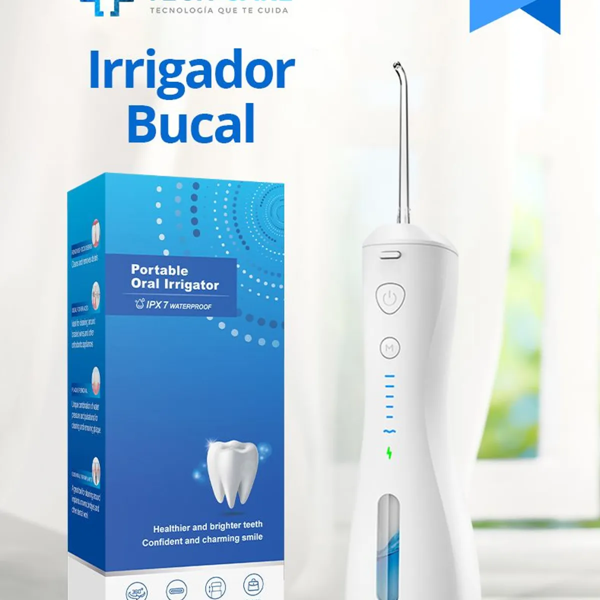 TECH CARE - Irrigador Bucal Dental Portátil 6 Modos + 4 Puntas + Estuche