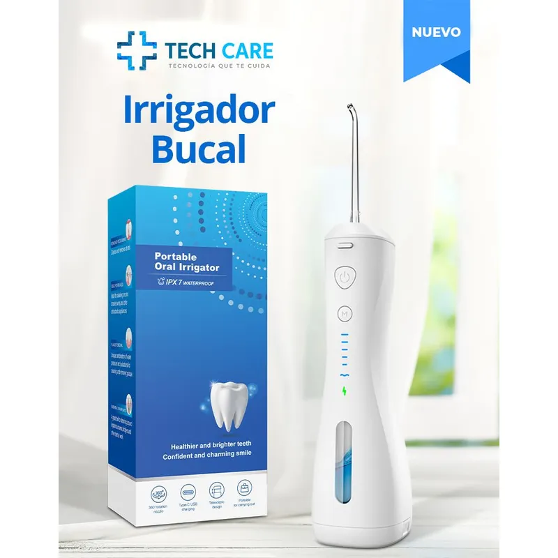 TECH CARE - Irrigador Bucal Dental Portátil 6 Modos + 4 Puntas + Estuche