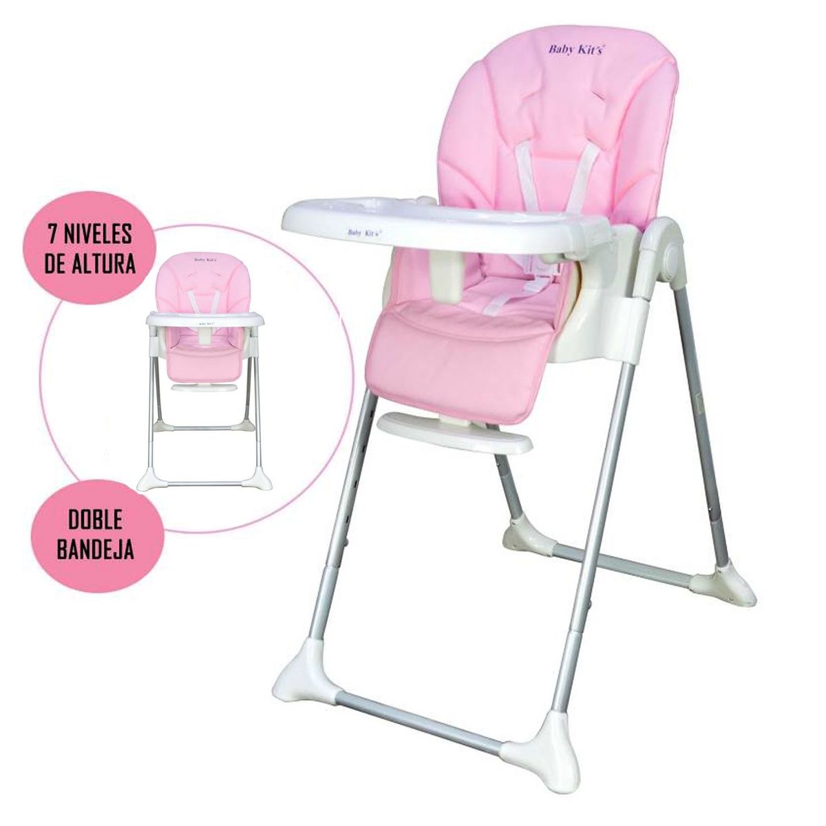 BABY KITS - Silla de Comer ELEGANT Regulable Reclinable y Plegable Rosa