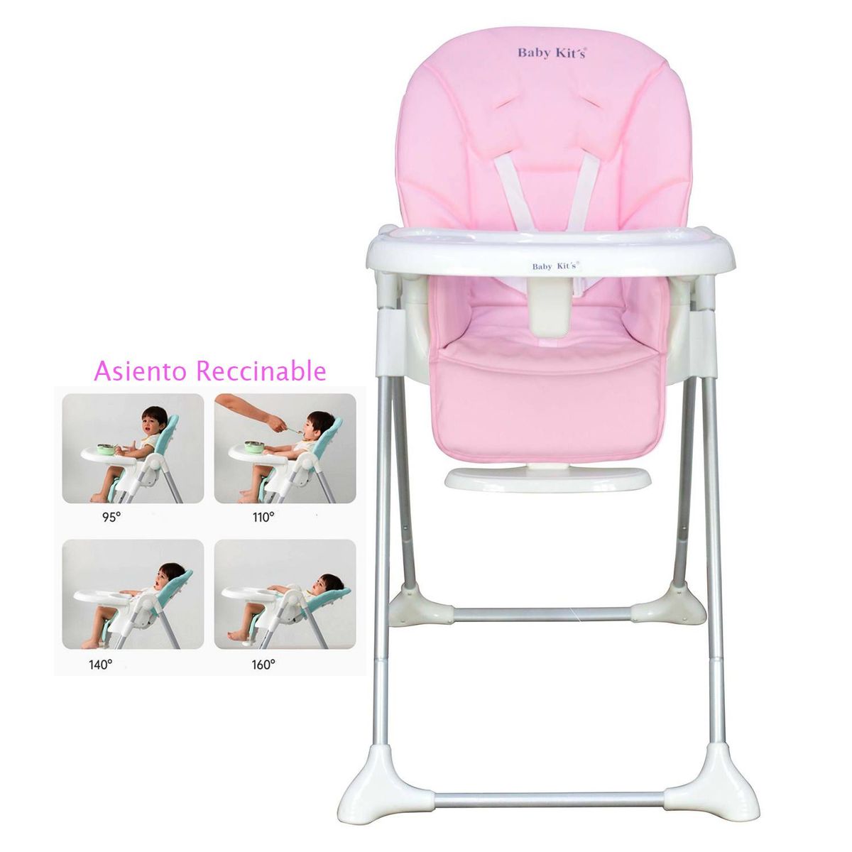 BABY KITS - Silla de Comer ELEGANT Regulable Reclinable y Plegable Rosa