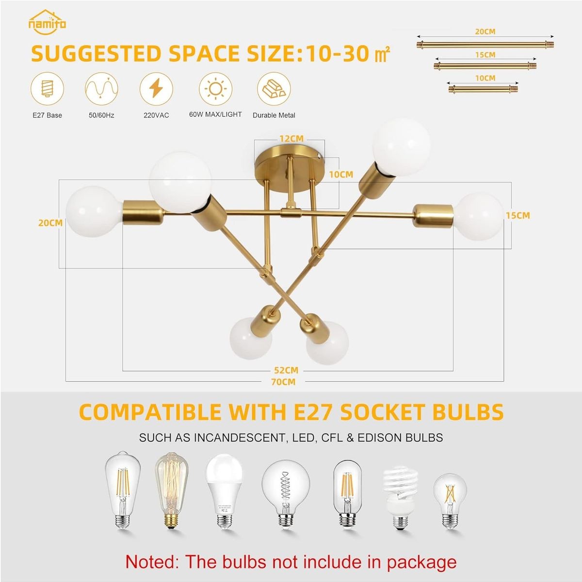 GENERICO - Lampara de Techo 6 Luces dorado - sin focos