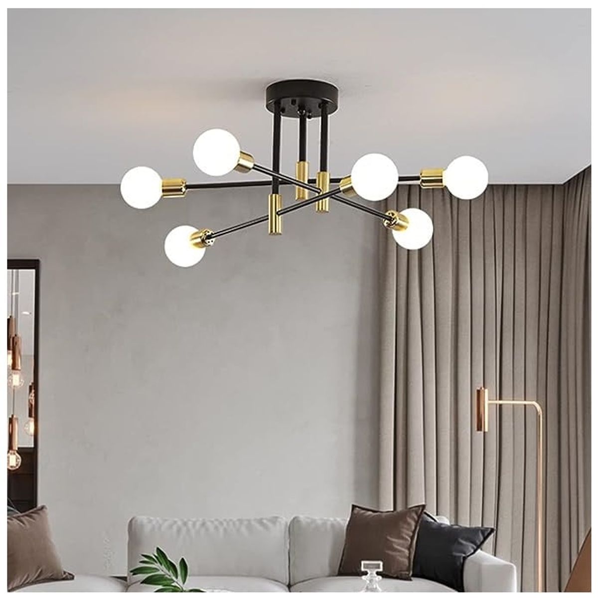 GENERICO - Lámpara de techo colgante araña color negro y dorado - Incluye 6 focos