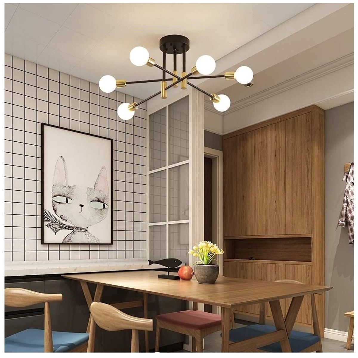 GENERICO - Lámpara de techo colgante araña color negro y dorado - Incluye 6 focos