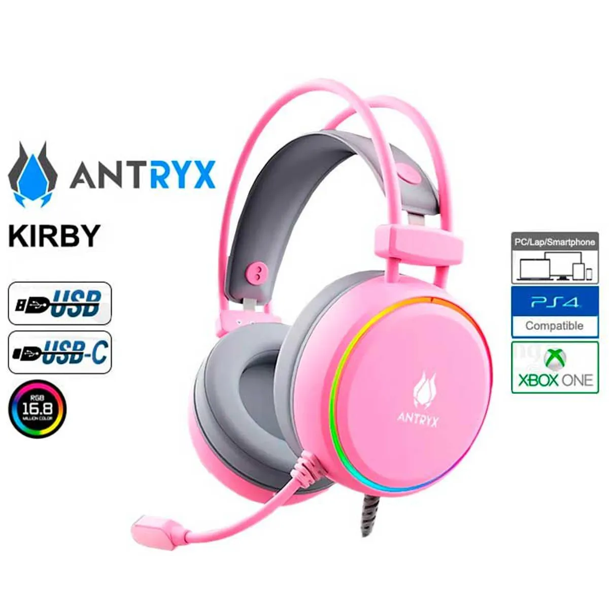 ANTRYX - Audífono Gamer Antryx KIRBY 7.1 VIRTUAL USB-C Luz RGB - Rosado