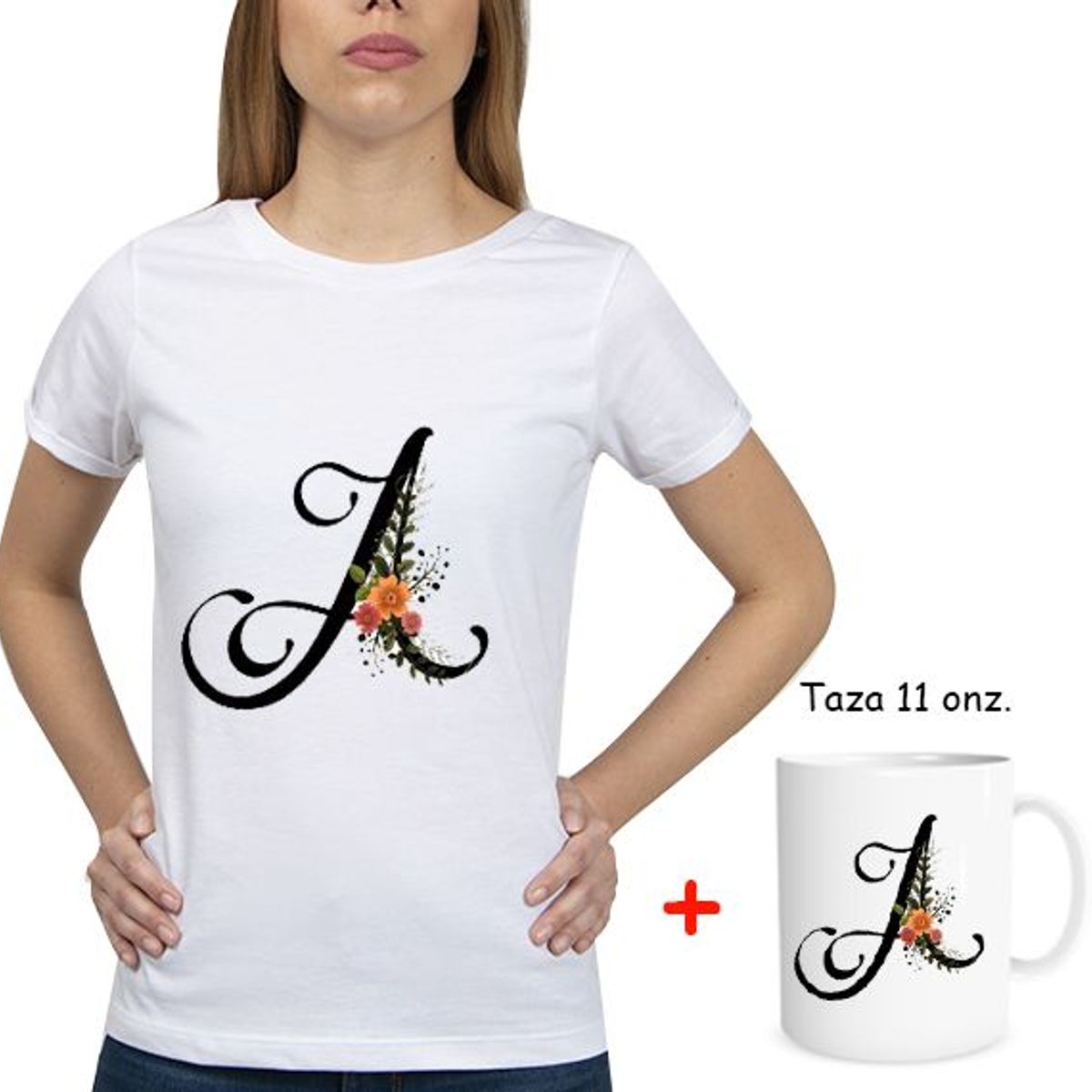 GENERICO - Combo Polo Mujer Abecedario floreado  Taza floreado Letra A.