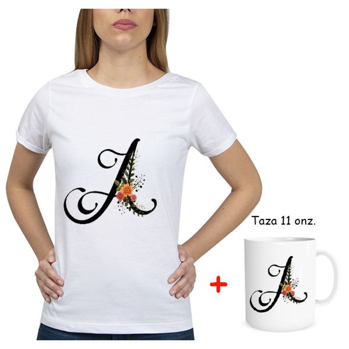 GENERICO - Combo Polo Mujer Abecedario floreado  Taza floreado Letra A.