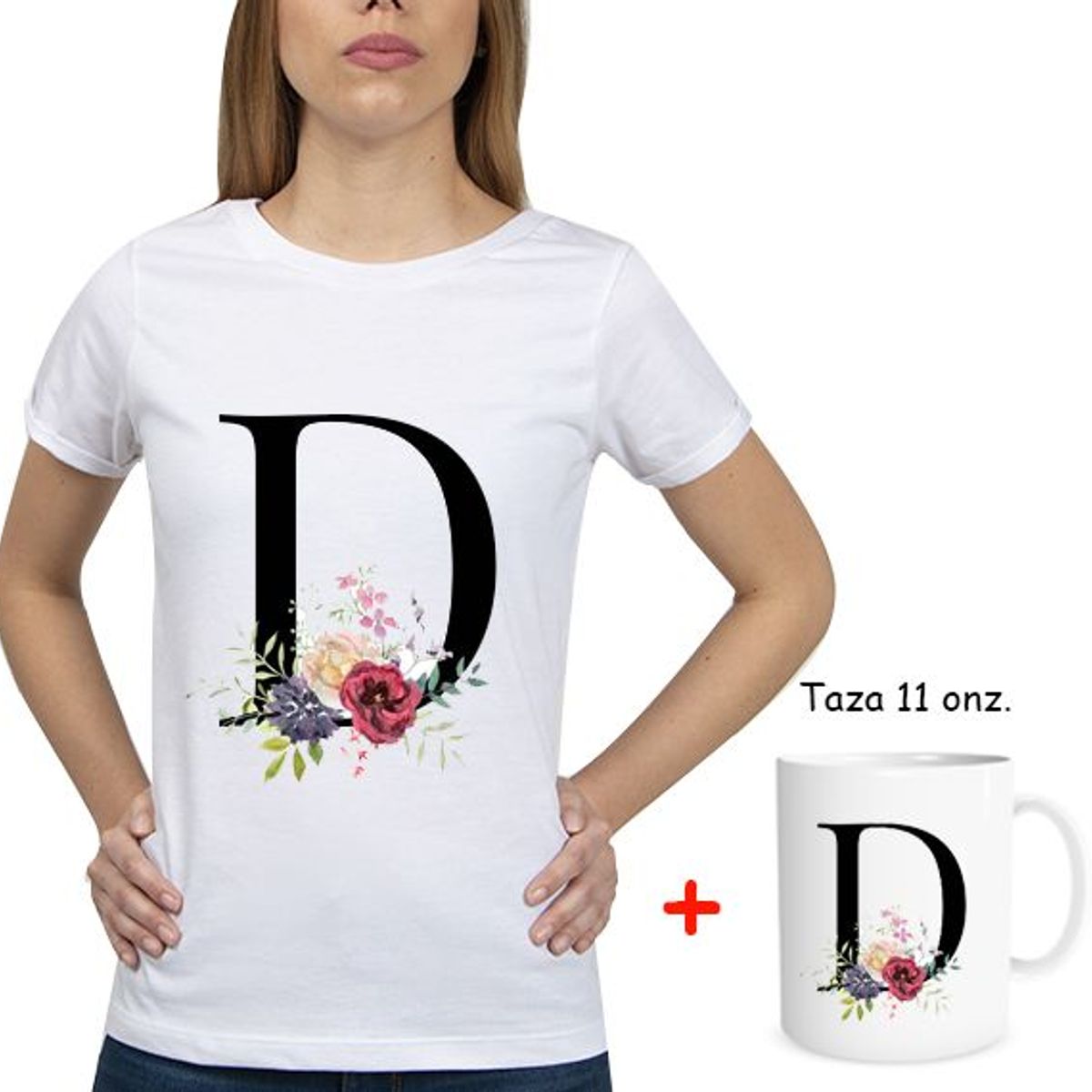GENERICO - Combo Polo Mujer Abecedario floreado  Taza floreado Letra D.