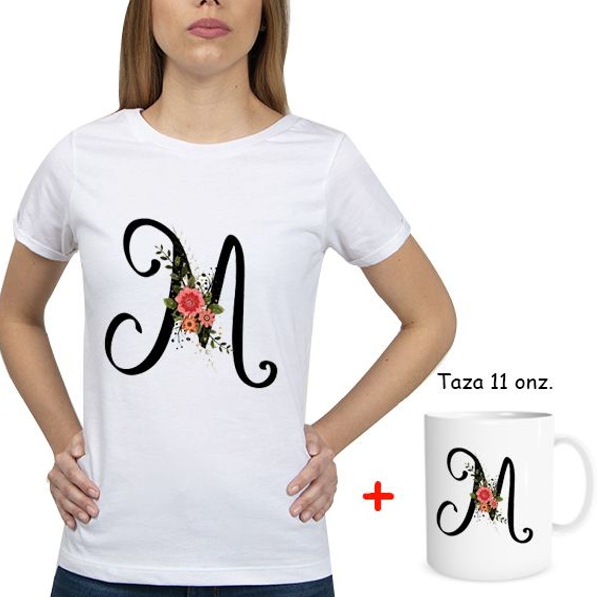 GENERICO - Combo Polo Mujer Abecedario floreado  Taza floreado Letra M.