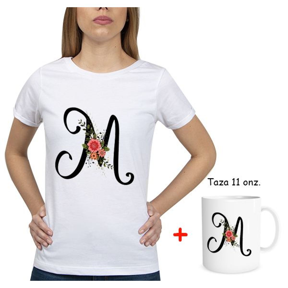 GENERICO - Combo Polo Mujer Abecedario floreado  Taza floreado Letra M.