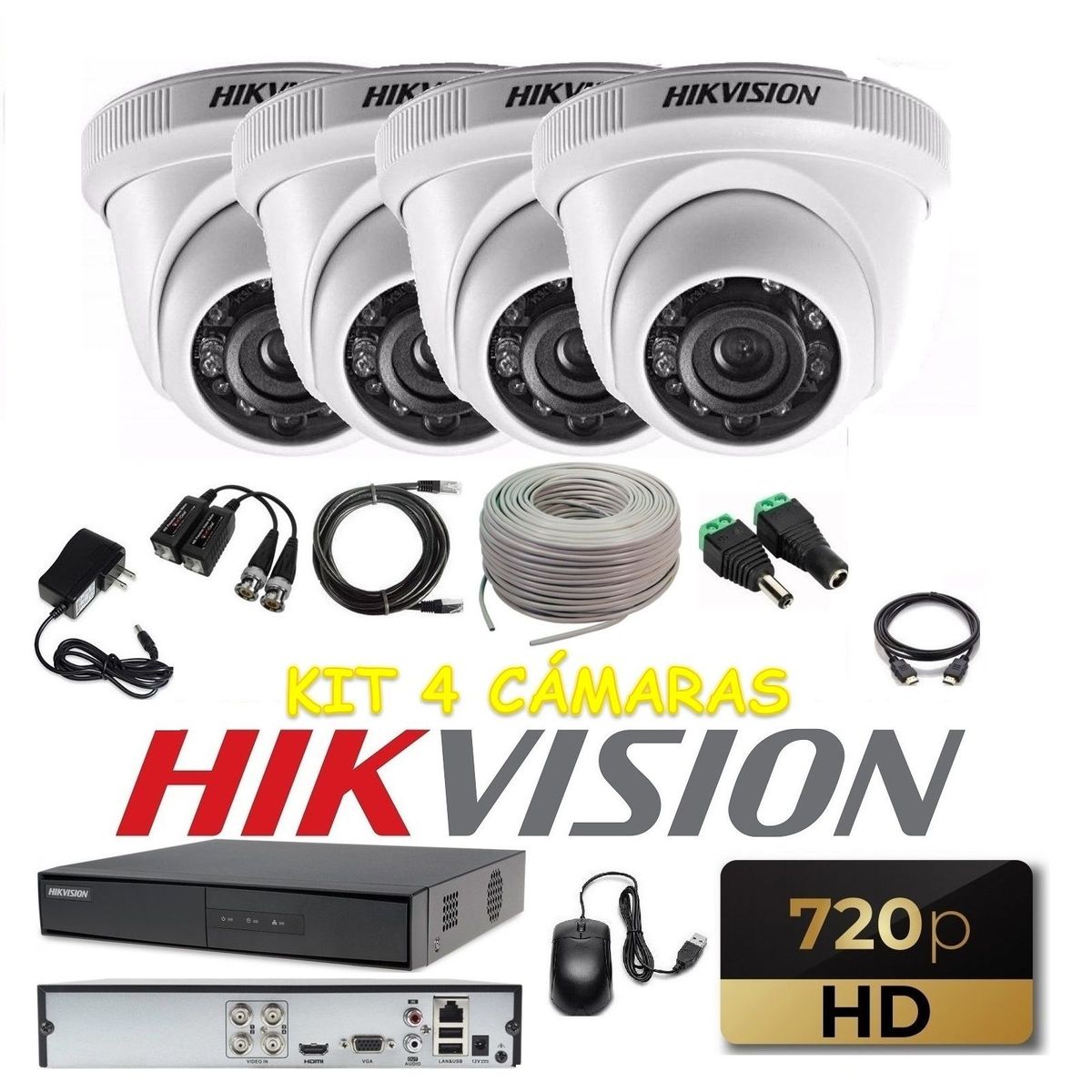 HIKVISION - kit 4 Cámaras Seguridad Domo Interior HD Hikvision + Cable