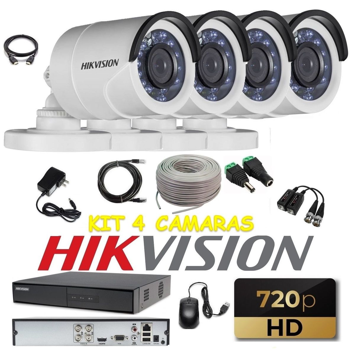 HIKVISION - kit 4 Cámaras Seguridad Tubo Exterior HD Hikvision + Cable