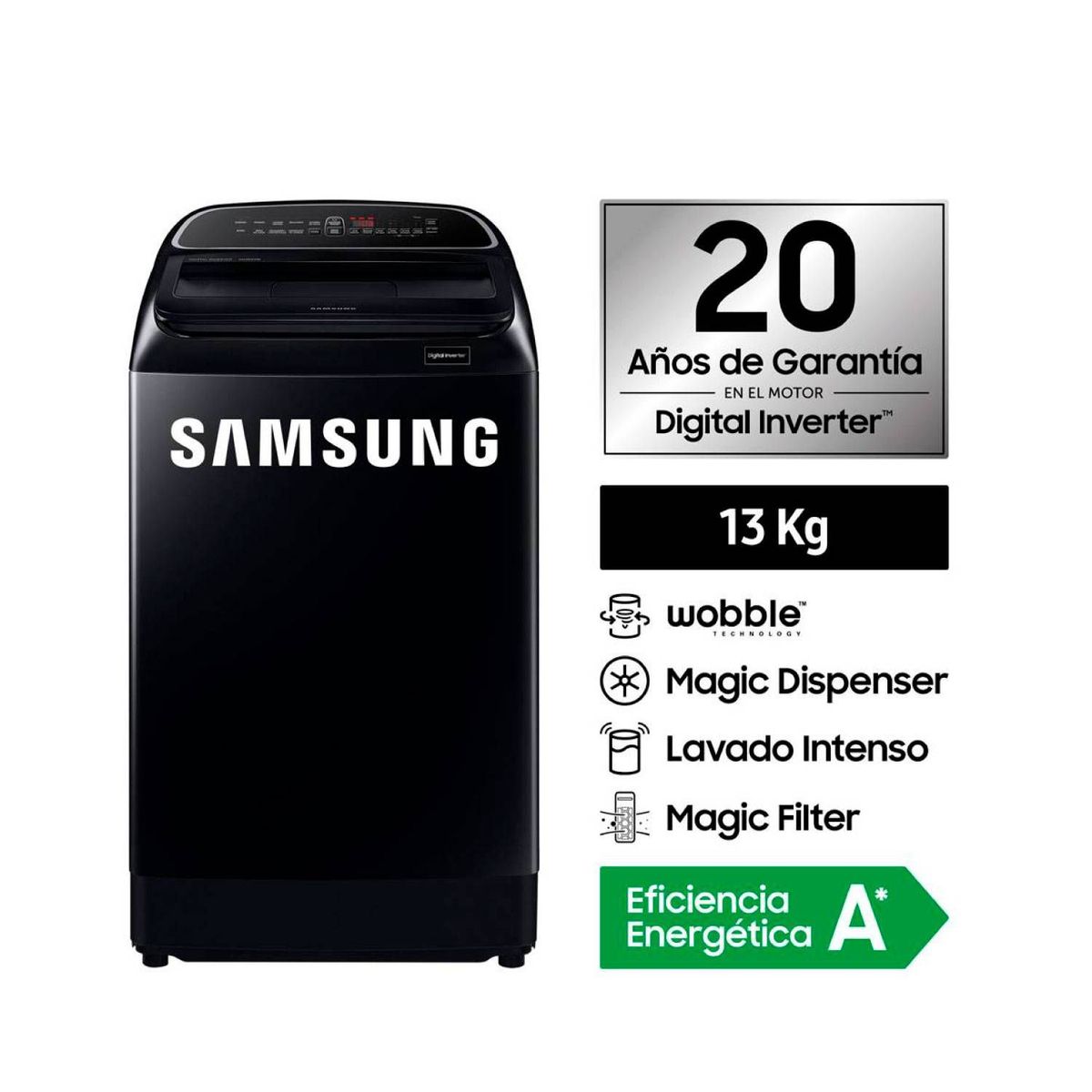 SAMSUNG - Lavadora 13 kg Samsung Eco Digital Inverter con Wobble - WA13T5260BV