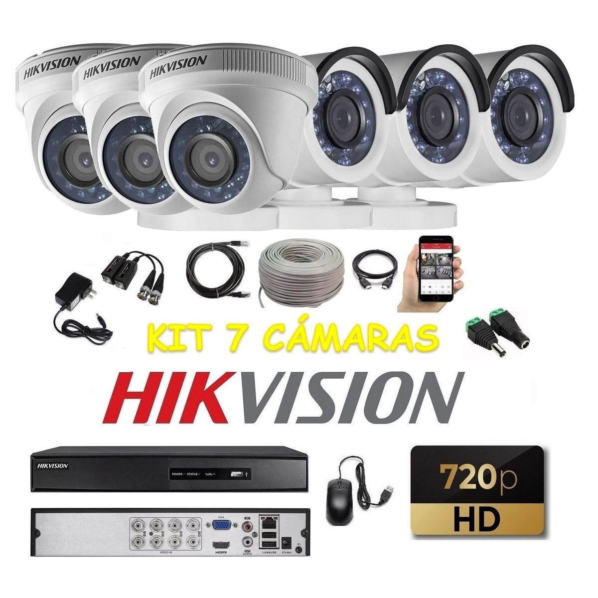 HIKVISION - kit 6 Cámaras Seguridad HD Hikvision + Cable