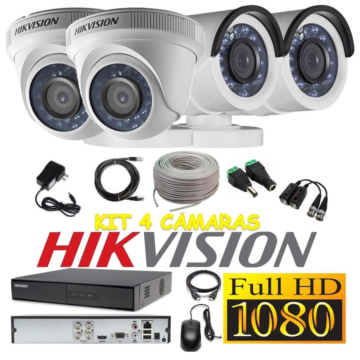 HIKVISION - kit 4 Cámaras Seguridad FULLHD Hikvision + Cable