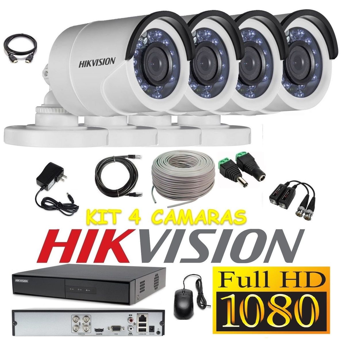 HIKVISION - kit 4 Cámaras Seguridad Tubo Exterior FULLHD Hikvision + Cable