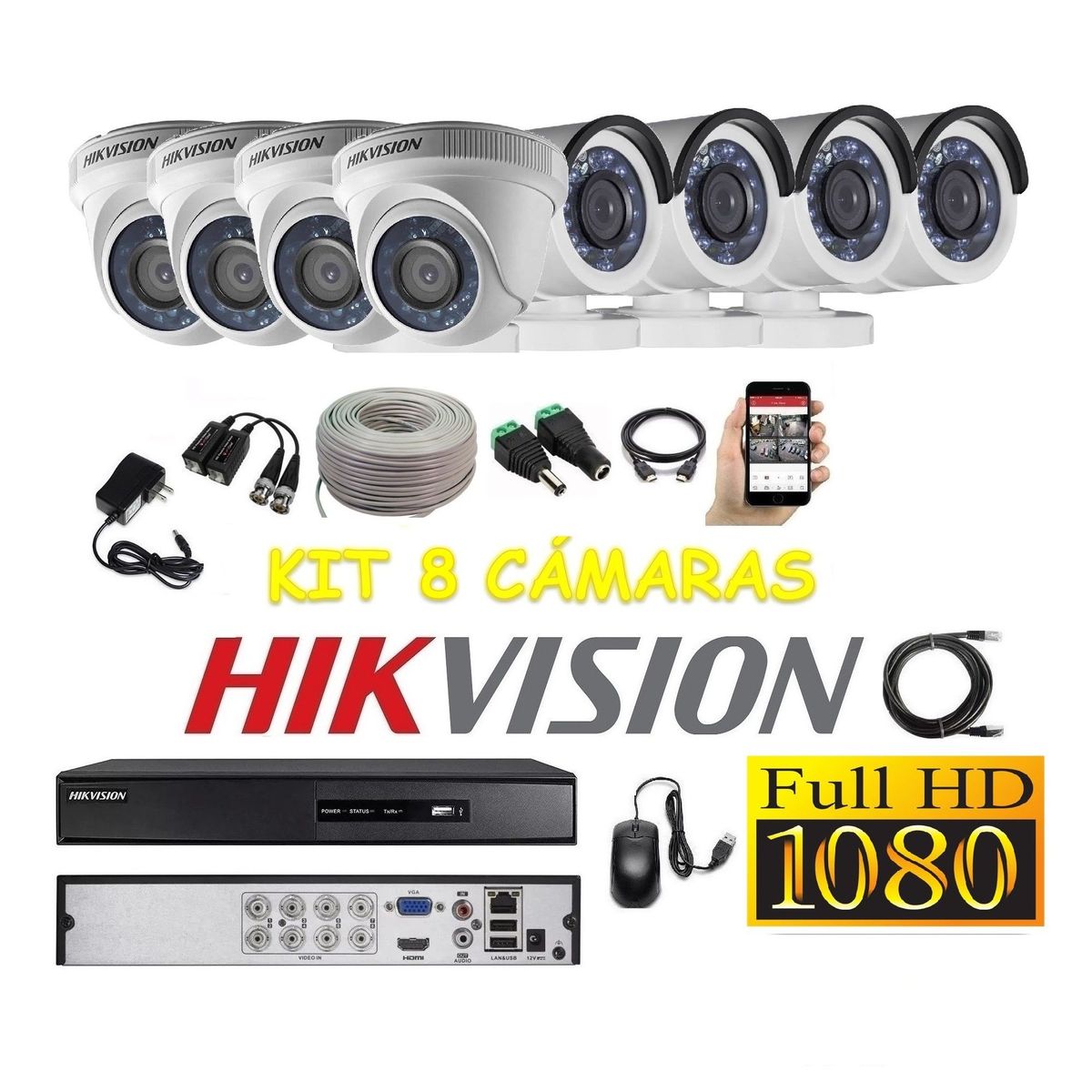 HIKVISION - kit 8 Cámaras Seguridad FULLHD Hikvision + Cable