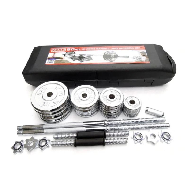 YORK FITNESS - Set mancuernas York Fitness 50kg cromadas con barra de 150cm