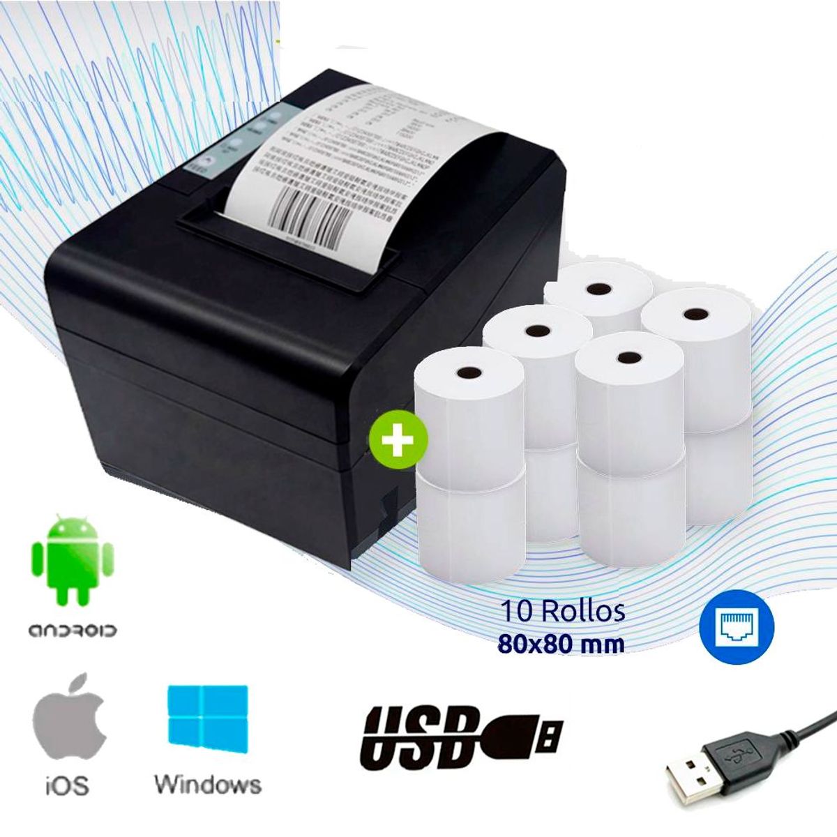 XPRINTER - Impresora ticketera térmica ticket 80mm USB + 10 rollos 80x80mm