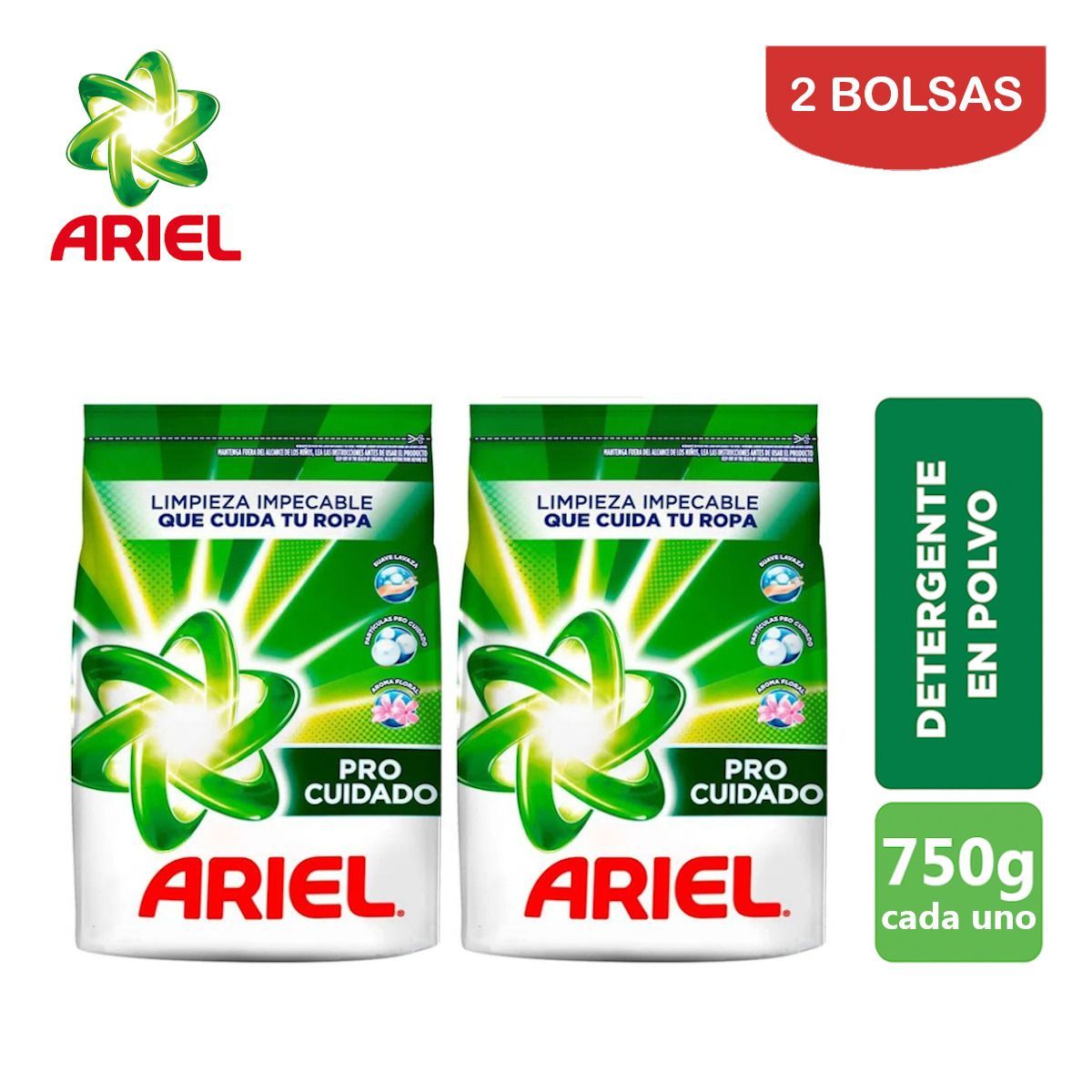 ARIEL - Detergente en polvo 750gr Pro Cuidado ARIEL. Pack 2 bolsas