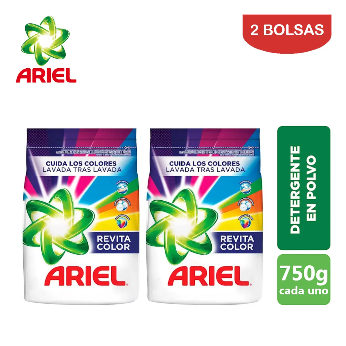 ARIEL - Detergente en polvo 750gr Revitacolor ARIEL. Pack 2 bolsas