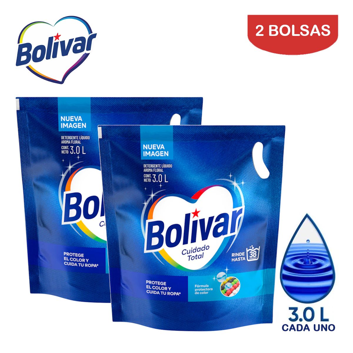 BOLIVAR - Detergente líquido 3 L floral Cuidado Total BOLIVAR. Pack*2
