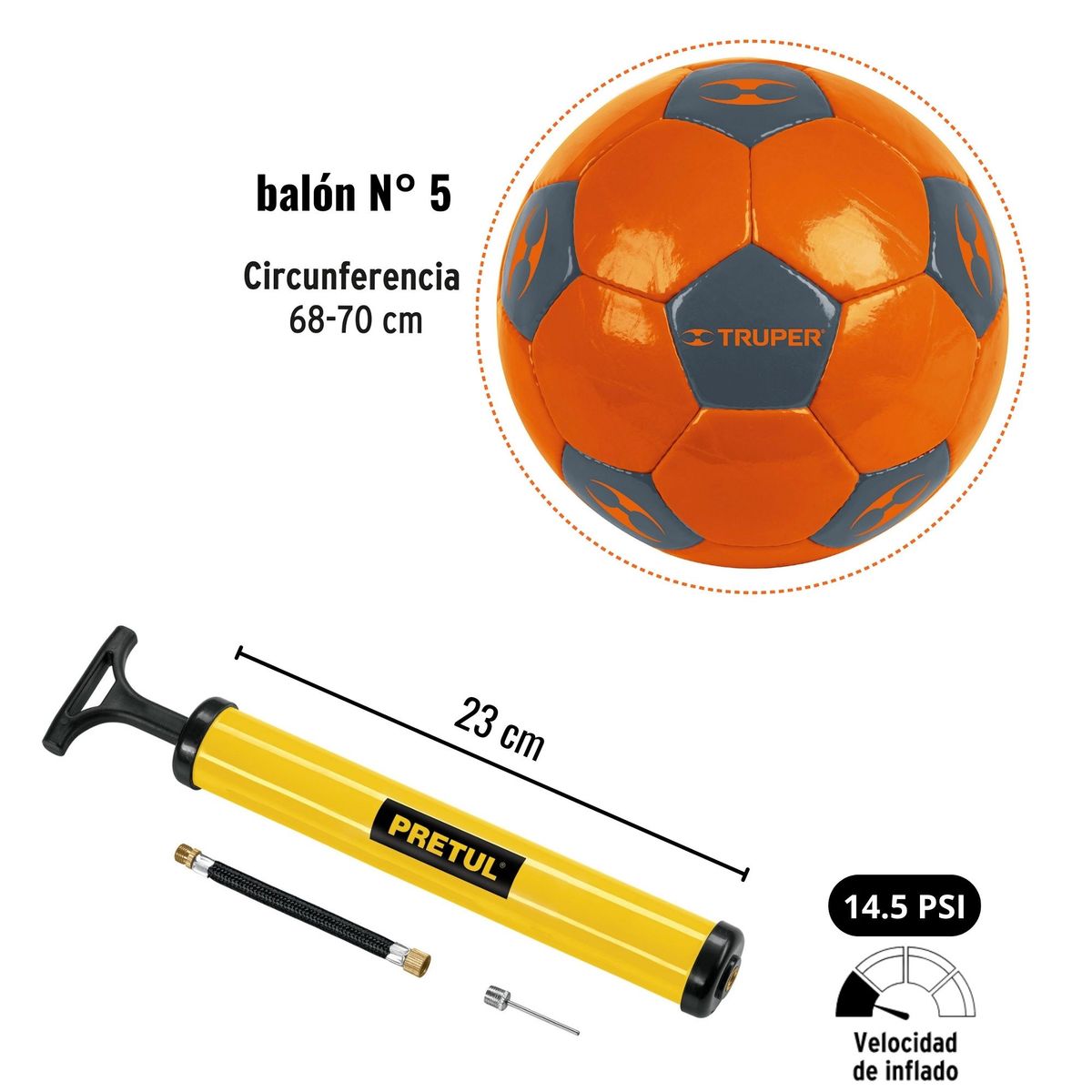 TRUPER - Combo Inflador portátil con pelota de futbol profesional