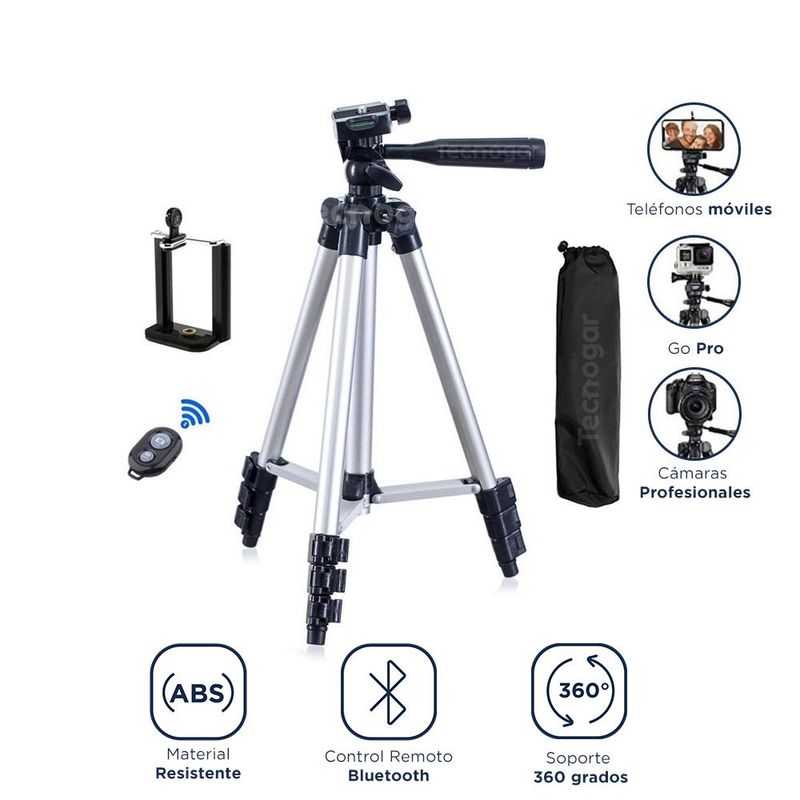 GENERICO - Trípode con Soporte para Celular 360° y Control Remoto Bluetooth 102cm