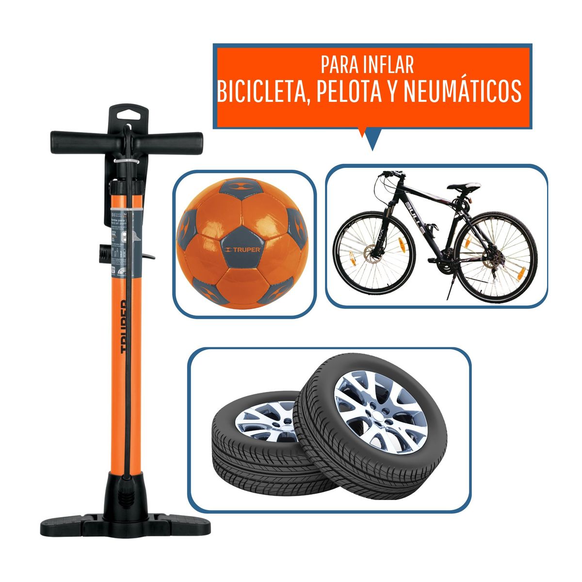 TRUPER - Inflador de llantas llave de ruedas medidor de aire Truper