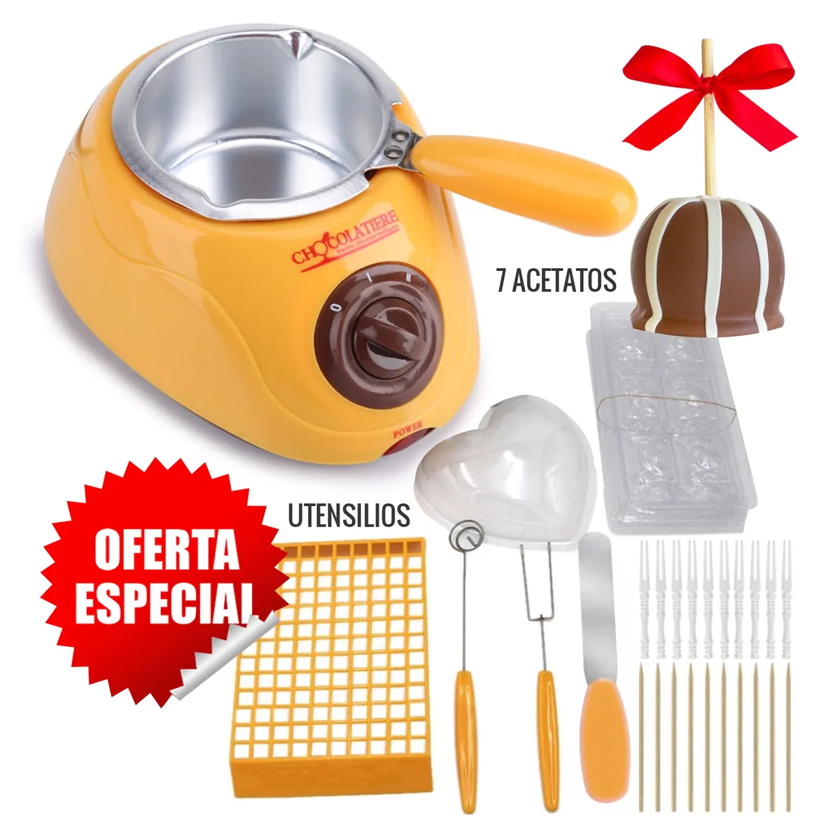 GENERICO - Kit Chocolatera Eléctrica Mostaza + Utensilios + 7 Acetatos