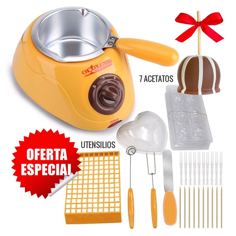 GENERICO - Kit Chocolatera Eléctrica Mostaza + 7 Acetatos + Utensilios