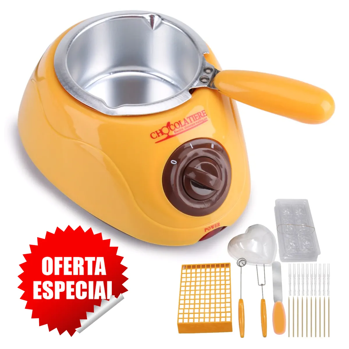 GENERICO - Kit Chocolatera Eléctrica Mostaza + Utensilios + 7 Acetatos