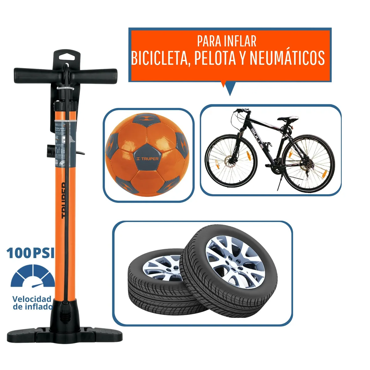 TRUPER - Inflador de llanta auto moto bicicleta medidor de aire