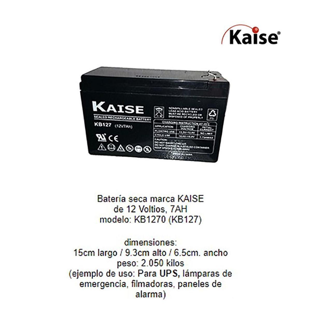 GENERICO - Batería Seca  RECARGABLE 12V 7AH KB1270 KAISE